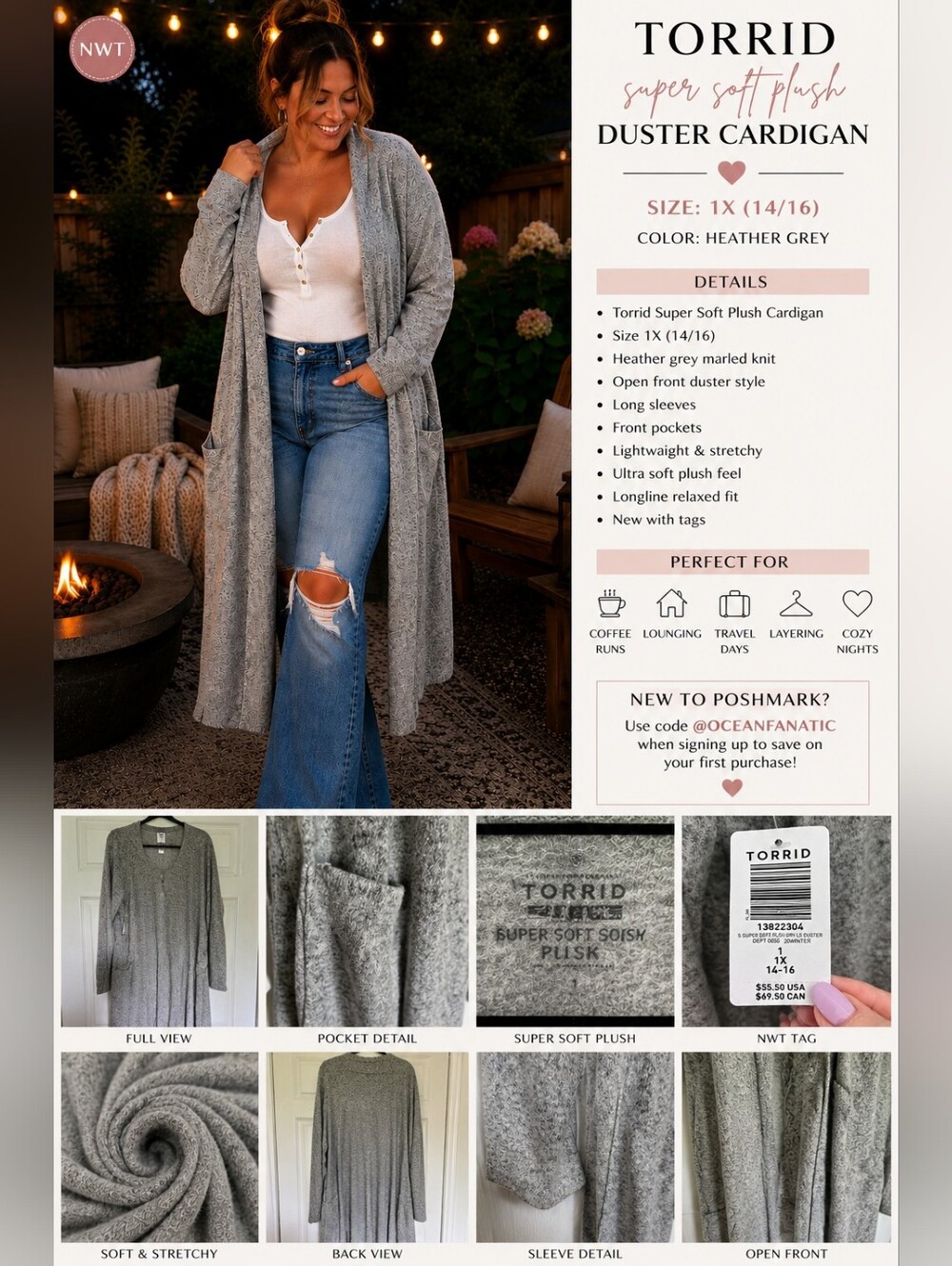 Torrid Super Soft Plush Grey Duster Cardigan Size 1X NWT Cozy Open Front - Picture 2 of 10